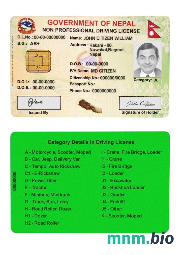 Nepal smart driver license szablon ze wszystkimi czcionkami